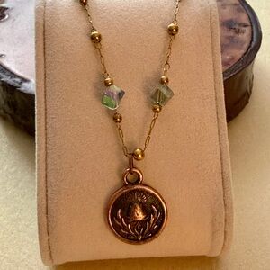 Iridescent Crystal Cube Chain Necklace With Antique Copper Thistle Coin Charm